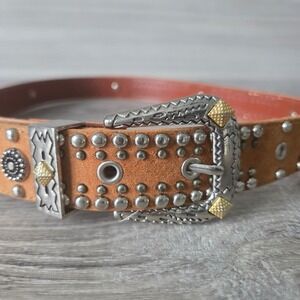 Jana Leather Belt Western Studded Vtg Tan Women Large Brown Silver Gold Concho